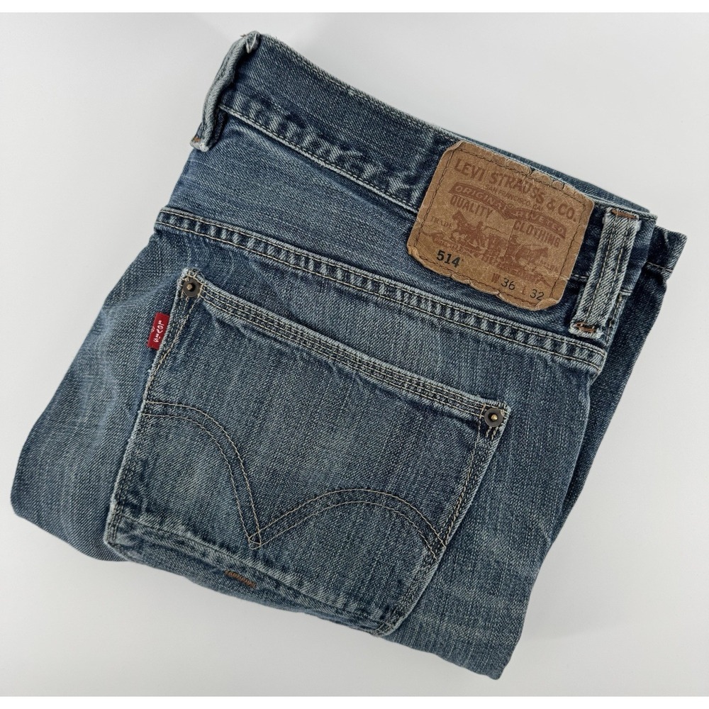 Levi's 514 Size 36x32 Blue Denim Jeans Slim Straight Leg Distressed Red Tab